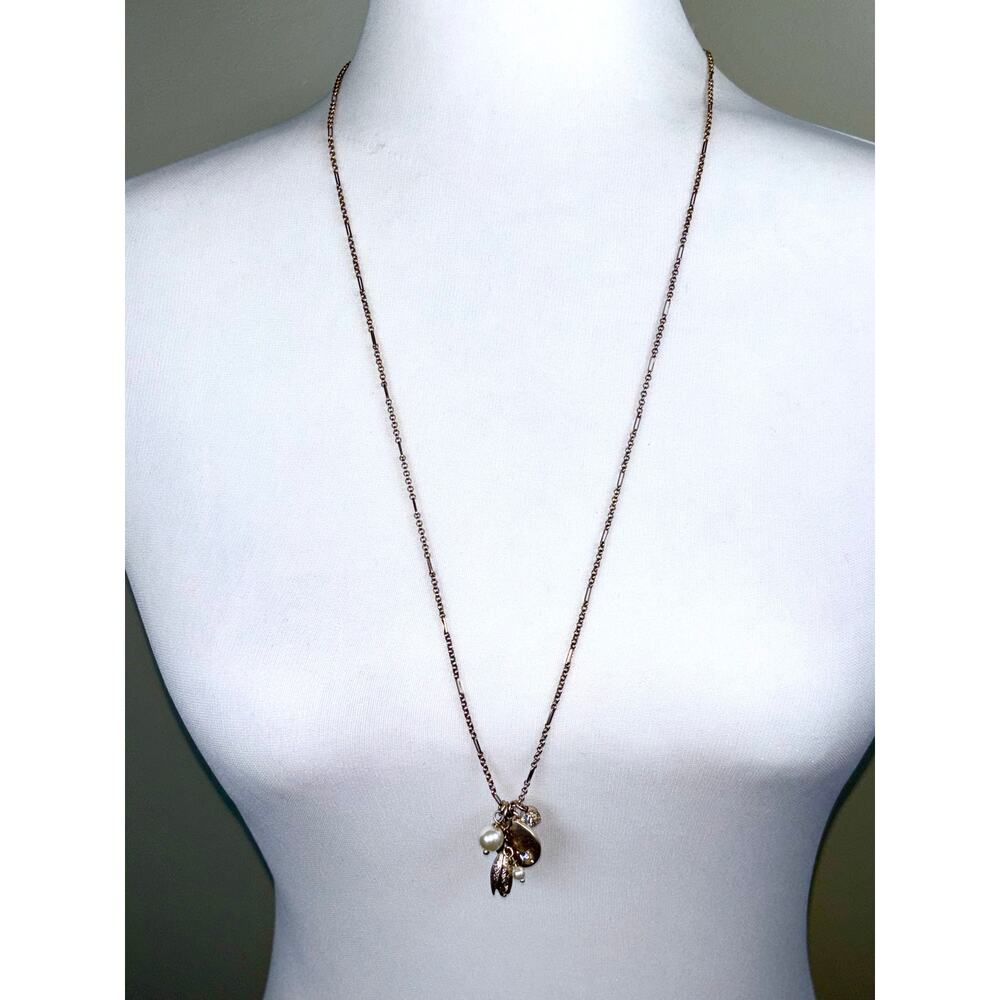 Vintage J. Crew Gold Tone Crystal Faux Pearl Charm Cluster Necklace EUC